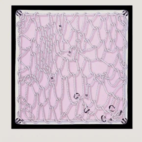 New Gucci Silk Scarf Pink Ropes Print Black Border Silk Wrap Scarf - Picture 8 of 15